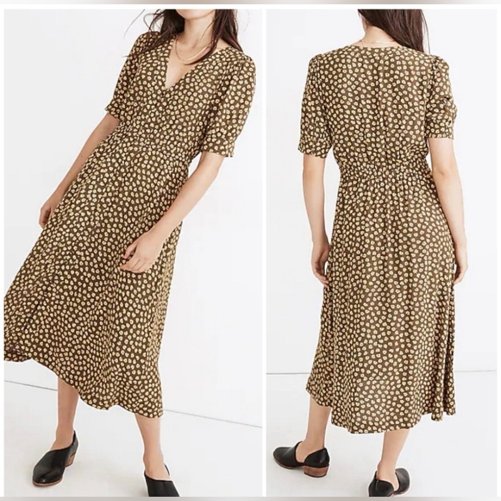 Madewell Button- Cuff Midi Dress Woodcut Floral